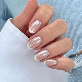 Chrome White French Tip False Nails Almond - Press On Nails Short - Glazed French Tip Fake Nails with Glue - Glossy Acrylic Nails Medium, Natural Pink Stick on Nails for Women Daily Wear