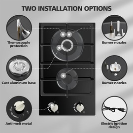 Gas Stove 2 Burner Propane Cooktop 12 inch, Nafewin Tempered Glass Portable Gas Cooktop Stove Burner with Thermocouple Protection, Lpg/Ng Dual Fuel Built-in Hob for Apartments, Outdoor, Rvs