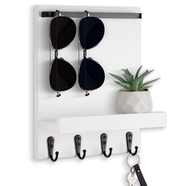 Lucundm Key Holder Wall Mount, Key Holder for Wall with 4 Hooks, Farmhouse Key Hanger Holds Dog Leash, Sunglasses – Decorative Mail Organizer Home Decor (White)
