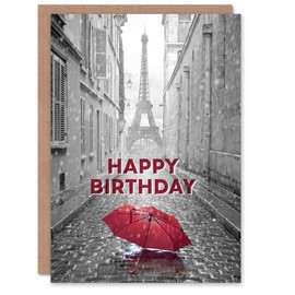 Artery8 Happy Birthday Paris Eiffel Tower and Red Umbrella Birthday Card
