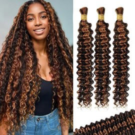 Ombre Honey Blonde Brown Human Braiding Hair for Boho Braids 100g 3 Bundles/Pack 18 Inch Curly Boho Hair for Braiding Knotless 12A Deep Wave Bulk Bohemian Color P4/30