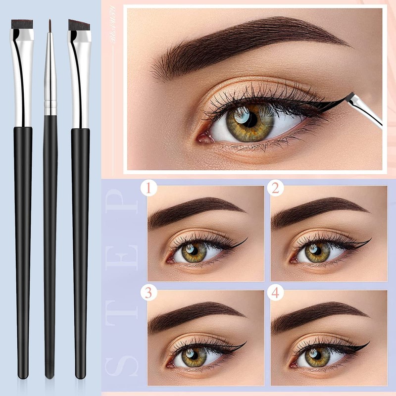 YAZANY 3Pcs Eyeliner Brush Kit, Professional Eyebrow Brush Flat &