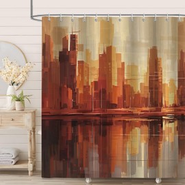 Orange Yellow Abstract Shower Curtains, Rustic Vintage Farmhouse Building Shower Curtain Set for Bathroom Curtain Decor, Washable Fabric Cloth Waterproof with 12 Hooks, 72x84 Inch