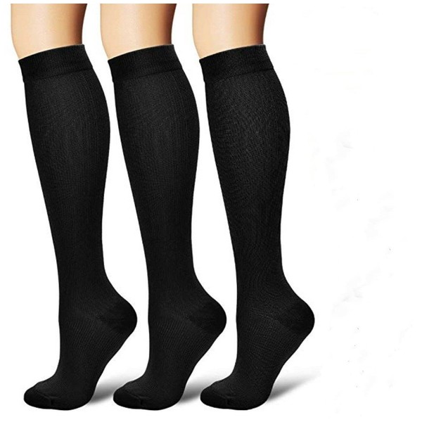 Compression Socks for Men & Women Knee High 20-30mmHg Graduated Support for Foot Pain Relief Athletic, Nursing,Golf, Work,Walking, Standing, Travel(3 Pairs)-Black, S/M