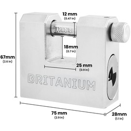 Britanium® BRX74 Heavy Duty Container Lock  with 5 Keys – 12 mm Cut Resistant Shackle, Weatherproof Nickel Plated Body | High Security Padlock for Container, Garage, Shed, Gates