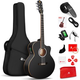 Vangoa 3/4 Electric Acoustic Guitar Kit for Beginners, 36 Inch Cutaway Acoustic Guitar Built-in Pickups, with Bag, Tuner, Strap, Capo, Picks, Spruce Top, Upgraded Starter Kit, Black Matte