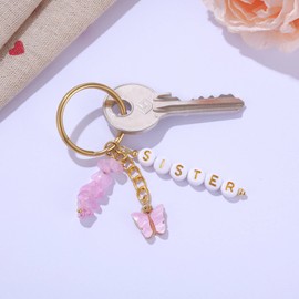 Sisters Rose Quartz Crystal Keychain, Sisters Gift with Pink Butterfly Charm, Friendship Long Distance Gifts for Soul Sister BFF Bestie Best Friends, Crystal Jewelry for Sister's Birthday
