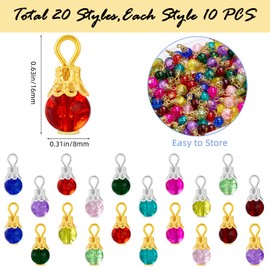 COGCHARGER 200Pcs 20 Color Crystal Dangle Charms Transparent Glass Beads Charm Cap Drops Pendants for Jewellery Making Craft Bracelet Necklace Earrings Findings (Mix Colors)