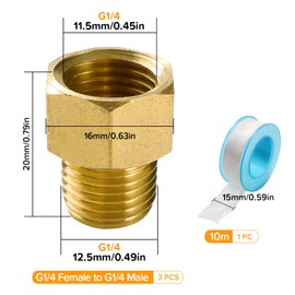 Lyeteung 3 Pieces G1/4 Female Thread to G1/4 Male Thread Water Pipe Hex Bushing Reducer Adapter, Brass Thread Adapter, Brass Reducer with Thread Sealing Tape, for Pipe Connection