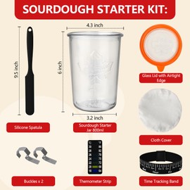 Sourdough Starter Kit, Sourdough Starter Jar Glass Wide Mouth, Sourdough Kit with Thicken Sourdough Glass Jar 27oz, Spatula, Thermometer, Cloth Cover, Feeding band, Sourdough Bread Baking Supplies