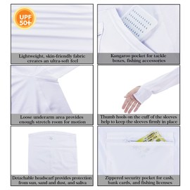 Riverruns UPF 50+ Fishing Hoodie, Sun Hooded Fishing Shirt, Sun Protection Long Sleeves Shirt for Men Fishing White