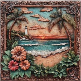 Ixfyloop Wooden Puzzles for Adults 500 Pieces, Lighthouse Wooden Jigsaw Puzzles, Seaside Dusk Adult Puzzles Wooden Toys Home Decor Gift Family Brain Game for Men Women Elders Seniors, 15.9x15.9 inch