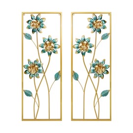 alihuihao Set of 2 Metal Wall Art 32" X 12" Modern Home Wall Decoration Sculpture Golden Large Metal Flower Wall Decor with Frame for Living Room Bedroom Study Room Home Office