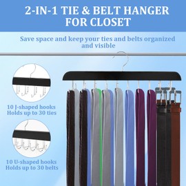 4 Pack Tie Rack & Belt Hanger, 2 in 1 Ties Hanger for Closet, Ties Organizer for Men, Space Saving Necktie Organizer with 20 Hooks, Sturdy Wood Belt & Tie Collection for Closet (Black)
