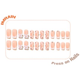 IMRAIN Press on Nails Medium Square Fake Nails Full Cover White French Tips Acrylic False Nails with Flower & Bow Designs for Women Wedding 24Pcs Nail Supplies