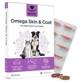Vetvits Omega Skin & Coat For Cats & Dogs (120 Capsules) | Beef Flavoured | High Strength Fish Oils | For Healthy Skin, Coat, Heart, Joints & Brain