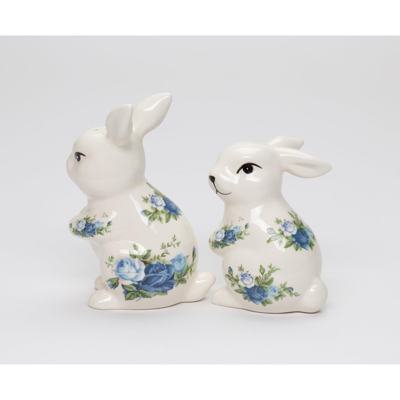 Fine Ceramic Easter Bunny Rabbit with Blue Roses Salt &