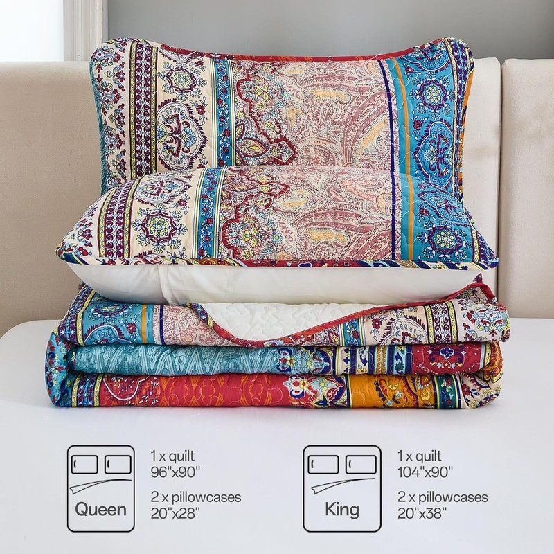 WONGS BEDDING Bohemian Quilt Set Queen Size, Boho Striped Pattern