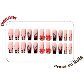 IMRAIN Long Press on Nails Square Fake Nails Black French False Tip with Bow & Cherry Design Glue on Nails Leopard Print Stick on Nails Glossy Artificial Acrylic Nails for Women Manicure 24Pcs