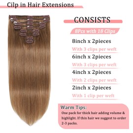 Clip in Hair Extensions Real Human Hair Clip in Extensions for Women Seamless Invisible Chestnut Brown Natural Remy 100% Human Clips ins Extension 8pcs Double Weft 18 inch 3.5oz/100g