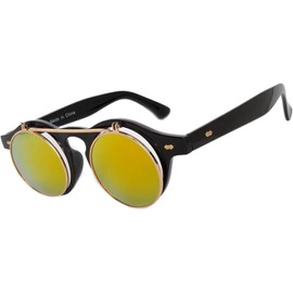 Steampunk Retro Gothic Vintage Hippie Colored Metal Round Circle Frame Sunglasses Colored Lens OWL (FlipUP_C10_Blk_Yell_Mirror, PC Lens)