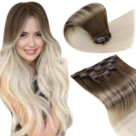 LaaVoo Clip in Extensions Echthaar Ombre Braun Echthaar Extensions Clip Hellbraun Balayage Hellblond Remy Clip in Haarverlängerung Echthaar Extensions Doppelt Tressen 70G 5Stück 30cm #8/59