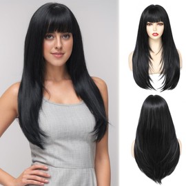 PARXITN Wig for Women 60 cm Long Straight Hair Wigs with Fringes Black Fashion Natural Looking Synthetic Hair Wig for Daily Party Wear