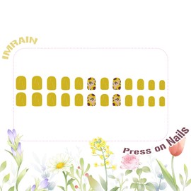IMRAIN Press on Nails Square Short Fake Nails Yellow False Nails Glossy Full Cover Glue on Nails Spring Floral Artificial Squoval Nails with Sunflower Designs Stick on Nails for Women Girls