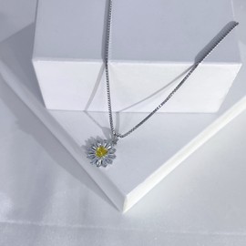 925 Sterling Silver Tiny Daisy Flower Pendant Necklace for Women, 1mm Box Chain