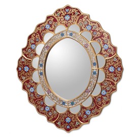 NOVICA Artisan Handmade Mirror Unique Reverse Painted Glass from Peru Red Woodglass Wall Decor Mirrors Floral Traditional [Frame 22.75in H x 19.75in W x 0.4in D Mirror 8.25in W x 11in H] ' Golden