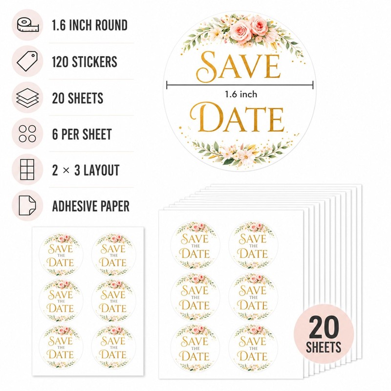 Save The Date Envelope Stickers: 120 Pcs Floral Seals 1.6