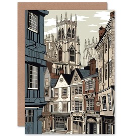 Artery8 Shambles Street Cityscape with York Minster Towers Travel Birthday Sealed Greeting Card Plus Envelope Blank inside