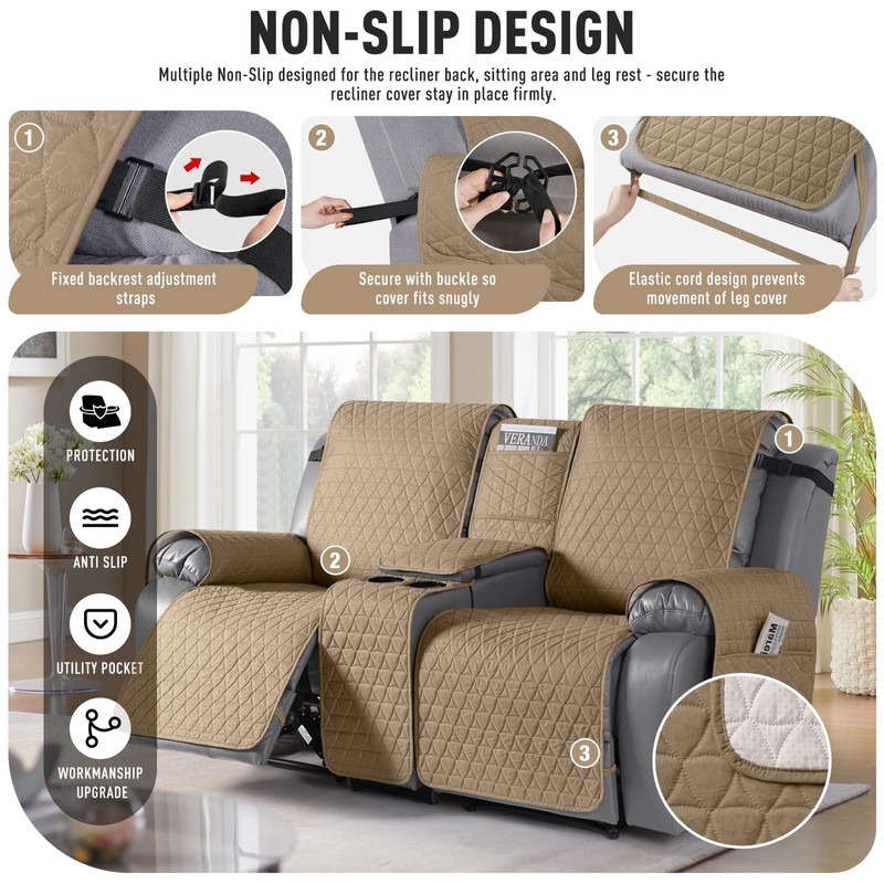 TAOCOCO 100% Waterproof Loveseat Recliner Cover with Console, Non-Slip Washable