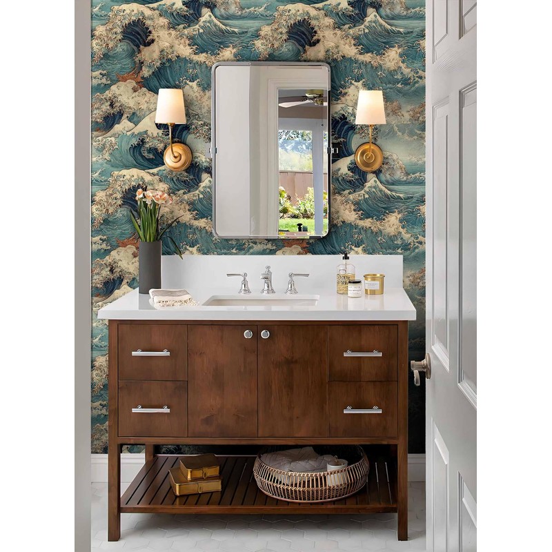 Vintage Ocean Wave Wallpaper, Japanese Art Inspired Seascape Wallpaper