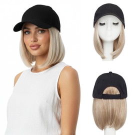 Hat Wig Black Baseball Cap with Hair Extensions Hat with Hair Attached for Women 6 Inch Synthetic Straight Hair Adjustable Wig Hat for Daily Wear（85P613, Light Blonde Mix Bleach Blonde）
