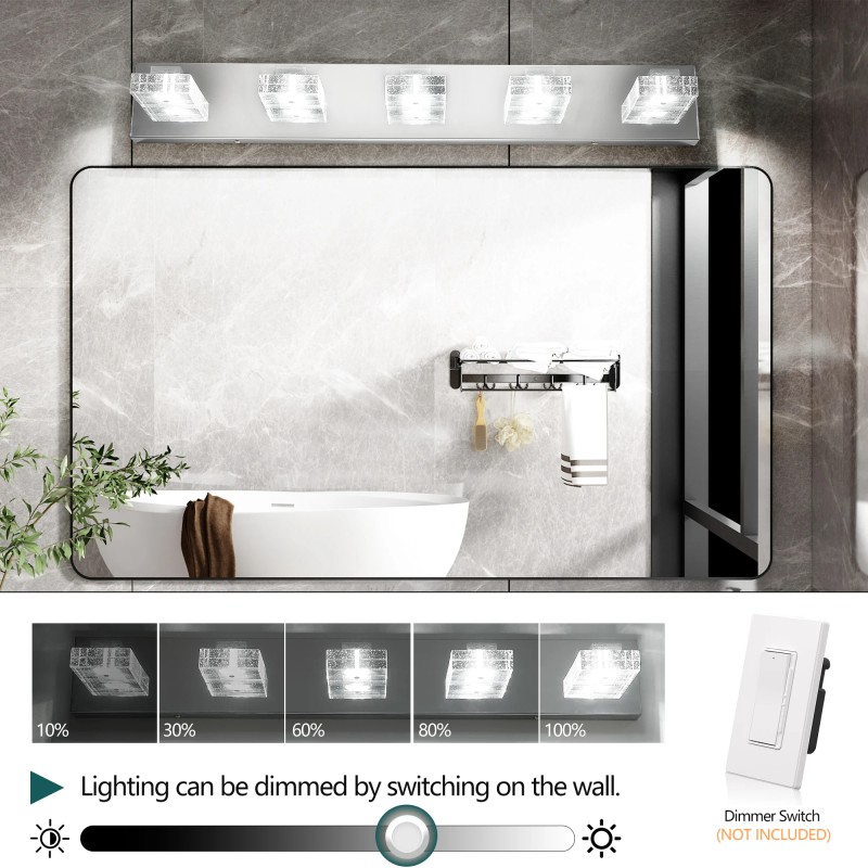 Ship in USA,31" Modern Chrome 5-Light LED Vanity Light,Square Acrylic
