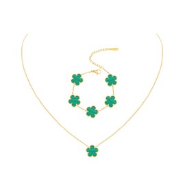 JIEMUCHU Gold Plated Stainless Steel Four Leaf Clover Bracelet and Necklace Jewelry Set for Women (Malachite-Gold Plated)
