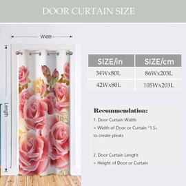 Haciadan Lovely Pink Roses Door Curtain for Doorway Window Vintage Style Valentine's Day Doorway Privacy Blackout Curtain Door Dividers Closet Door Cover Curtain 34" W X 80" L,1 Panel