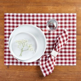 Solino Home Gingham Check Linen Placemats Set of 4 – 100% Pure Linen Burgundy Plaid Placemats 19" L x 14" W Inch – Machine Washable Table Mats for Fall, Thanksgiving, Christmas, Winter, Holiday