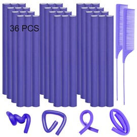 36PCS 9.45" Flexible Curling Rods, Flexi Rods Hair Curlers Rollers, Flexible Hair Rollers Curlers, Foam Flexi Twist Hair Rollers No Heat for Long Short Hair Women &2 Steel Pintail Comb Rat Tail Combs