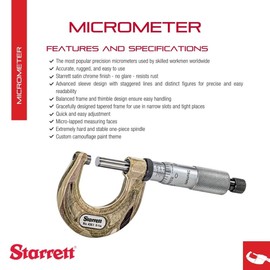 Starrett Outside Micrometer with One-Piece Spindle, Satin Chrome Finish and Advanced Sleeve Design - Quick and Easy Adjustment, 0-1" Range, .0001" Graduations - CFT436.1XRL-1