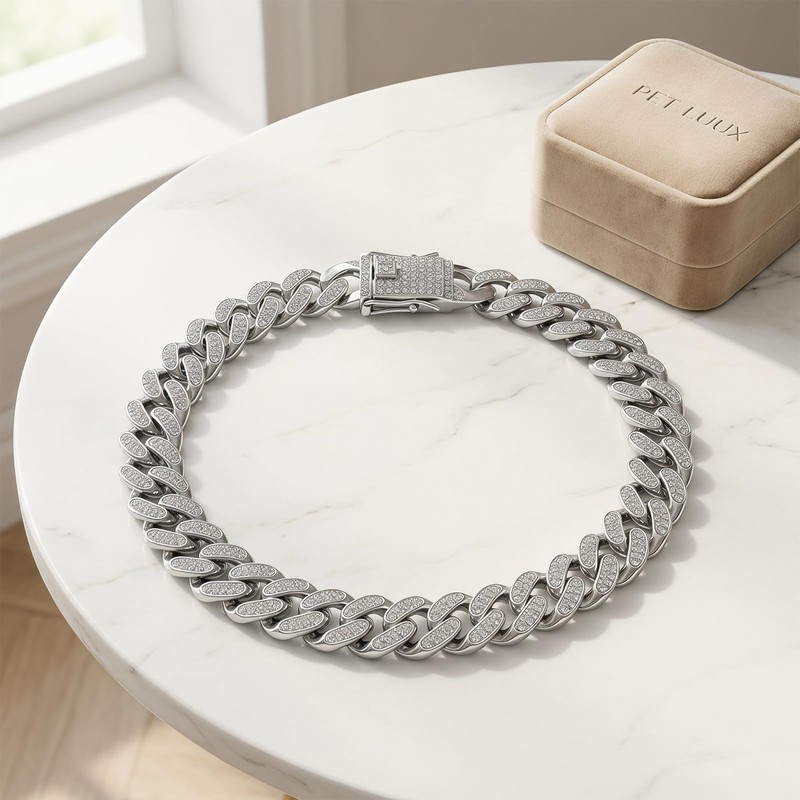 Cat Chain Collar with Diamond Rhinestones, 2PCS Cuban Link Pet