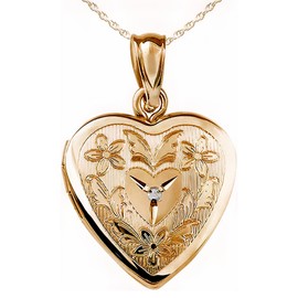 PicturesOnGold.com 14K Gold Filled Floral Heart Photo Locket with Diamond - 3/4 inch x 3/4 inch - Includes 18 inch Chain (Locket Only)