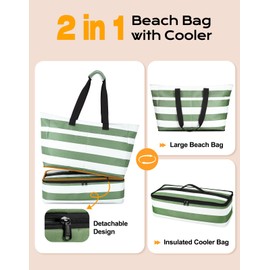 Vewaci Beach Bag with Detachable Cooler, 54L Large Beach Bags Waterproof Sandproof for Women Men, Beach Tote Pool Bag with Zipper for Family, Travel Vacation Essentials (Green)