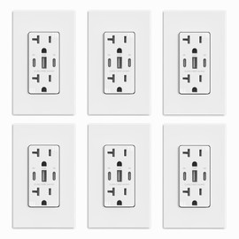ELEGRP USB Outlets, 30W 6.0 Amp USB C Outlets Receptacles, 3-Port USB Wall Outlet, 20 Amp Tamper-Resistant Outlet with 2 USB C Ports, UL Listed, Screwless Wall Plate Included, 6 Pack, Matte White