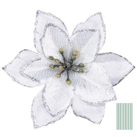 Yueshop 10pcs Christmas Glitter Poinsettia Flowers Ornament Christmas Tree Wreath Decoration Artificial Wreath Flowers for Xmas Tree Ornaments Decor (Silver)