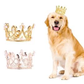 2Pcs Pet Birthday Party Crown for Small Dog with Adjustable Strap Hat Rhinestone Faux Pearl Crown for Birthday Party (Gold+Rose Gold, One Size)
