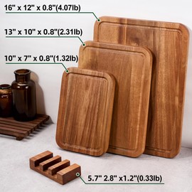 Acacia Wood Cutting Board Set with Holder, Wooden Cutting Boards for Kitchen, Reversible Chopping Boards for Meat, Vegetables, Cheese, Set of 3