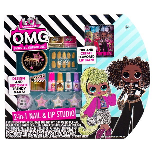 L.O.L. Surprise! O.M.G. 2-in-1 Lip & Nail Studio by Horizon Group USA, Double Feature Series, DIY Beauty Kit for Kids, Create 3 L.O.L. Surprise Lip Balms, Design & Decorate Trendy Nail Art
