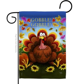 Gobble Garden Flag Falltime Thanksgiving Turkey Give Thanks Pumpkin Season Autumntime Cornucopia Small Decorative Gift Yard House Banner Double-Sided Made In USA 13 X 18.5